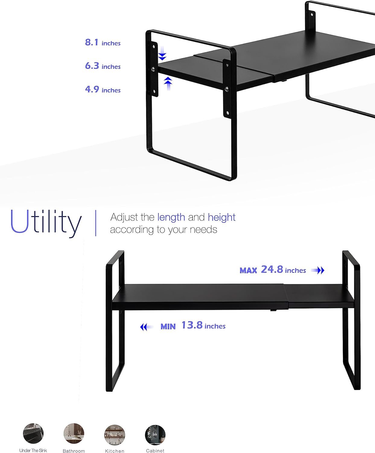 Nxconsu Cabinet Shelf Expandable Height Adjustable Organizer Riser for Kitchen Cabinet Pantry Cupboard Under Sink Countertop Organization Storage Space Saver Stackable Heavy Duty Metal Black XL