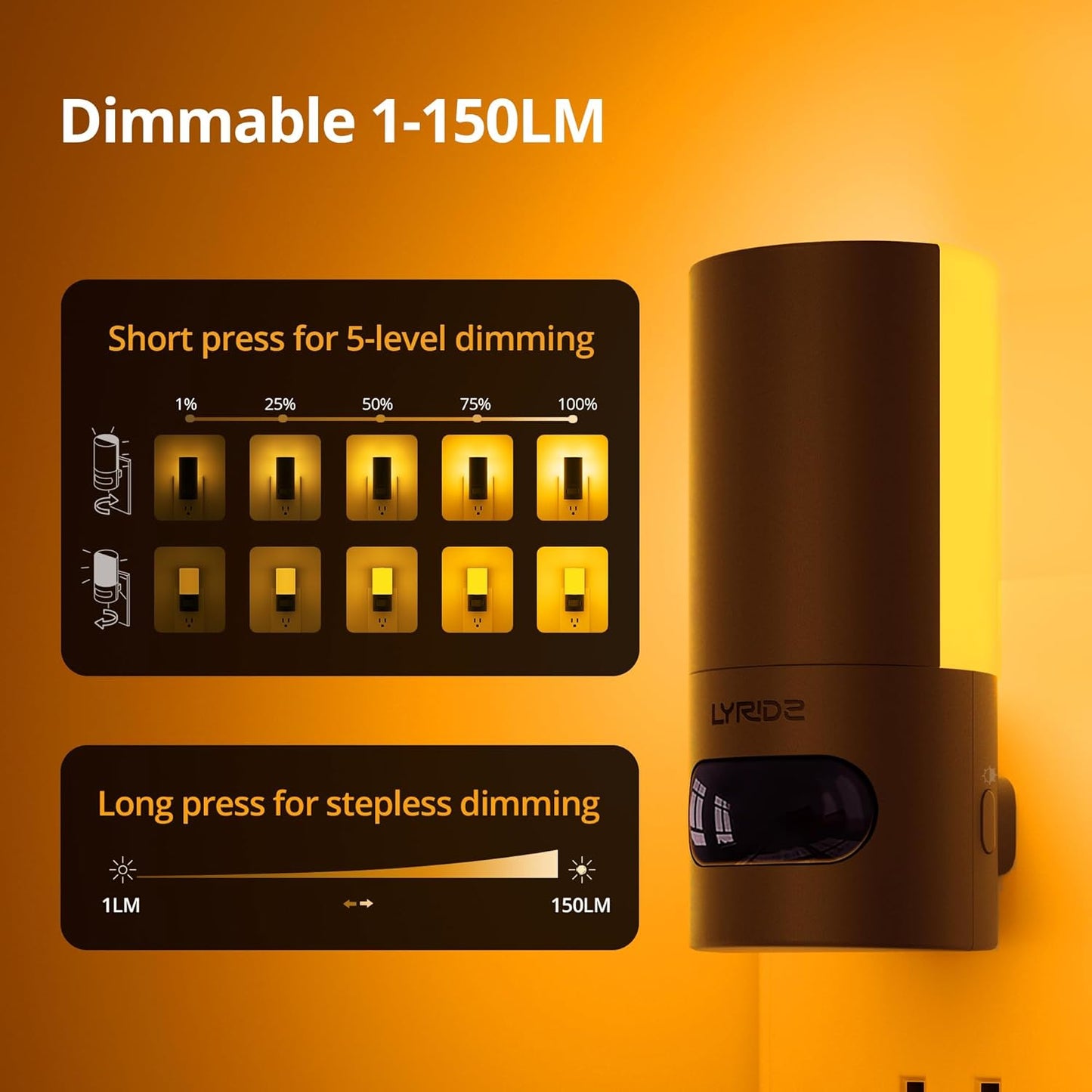 Lyridz Plug-in LED Amber Night Light with Motion Sensor, Rotatable, Dimmable Backlit Nightlight, 1-150lm Adjustable Brightness for Bathroom, Bedroom, Hallway, Stairs, 2 Pack