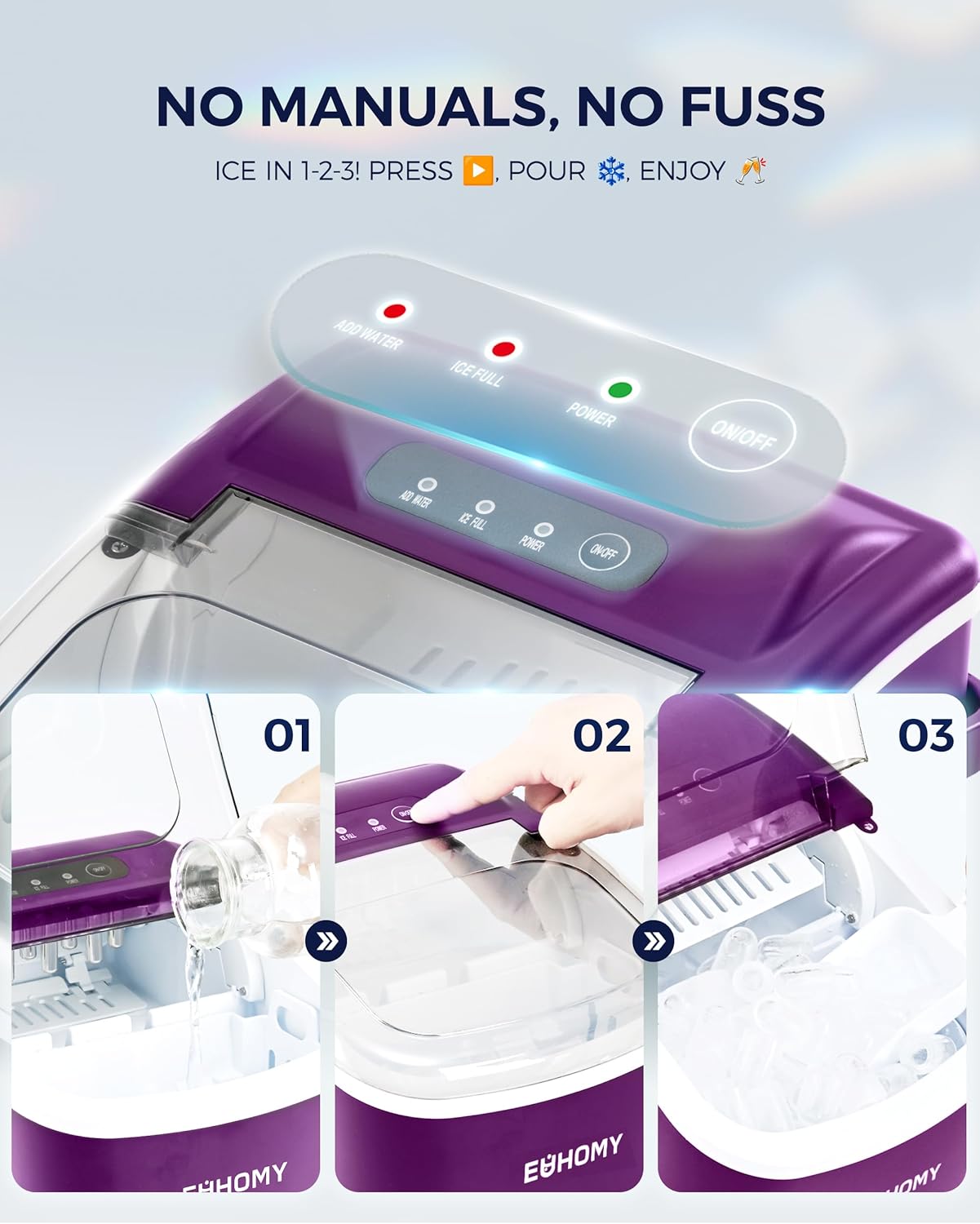 EUHOMY Countertop Ice Maker Machine with Handle, 26lbs Per Day, 9 Ice Cubes Ready in 6 Mins, Auto-Cleaning Portable Ice Maker with Basket and Scoop, for Home/Kitchen/Camping/RV (Purple)