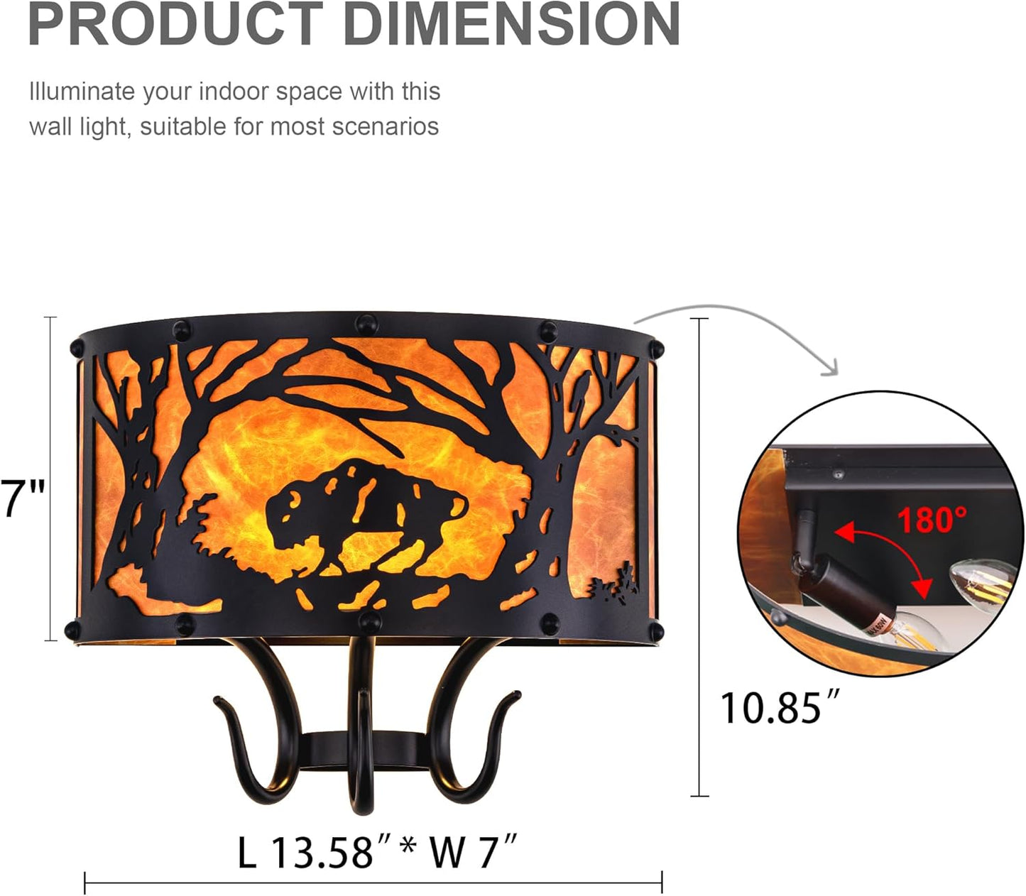 TOCHIC Farmhouse Wall Sconce, Rustic Vintage Indoor Wall Light Fixture, 2-Light Western Cow Wall Mount Light for Bedroom, Hallway, Living Room, Stairway