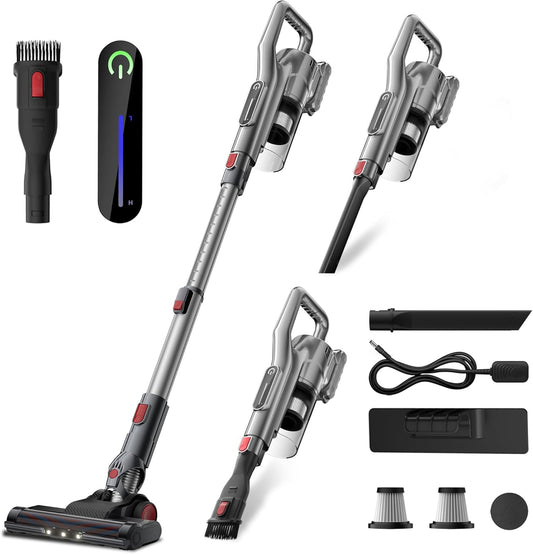 Cordless Vacuum Cleaner, Powerful Battery Vacuum Cleaner Cordless with LED Touch Screen & 2 Speeds, Lightweight Stick Vacuum Cleaners for Home, Pet Hair & Hardwood Floor,Silver