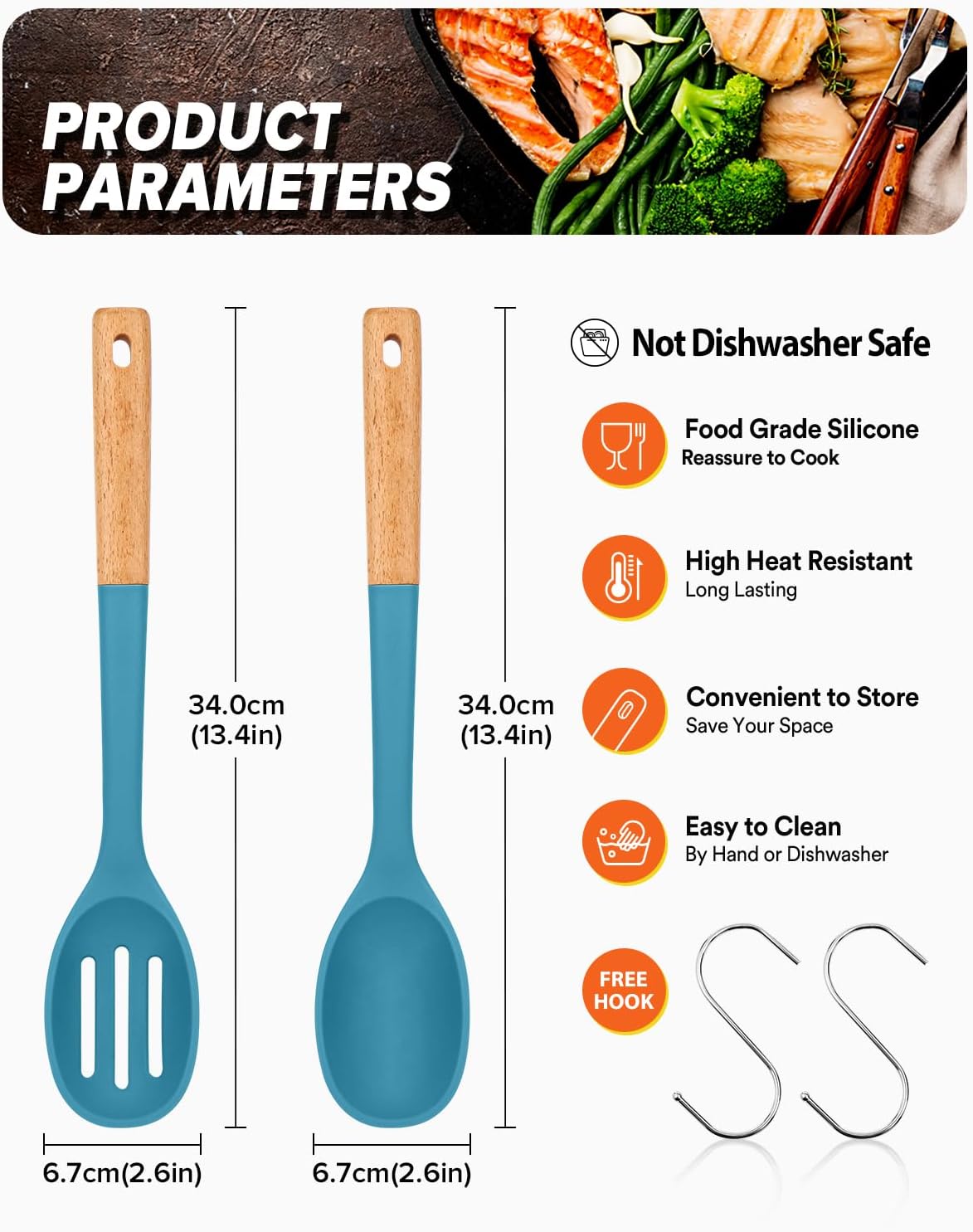 Silicone Cooking Spoons, Great for Scooping Sides and Serving Hearty Stews, BPA-Free Matte Silicone, Wooden Handle Serving Spoon for Nonstick Cooking Surfaces (Blue)