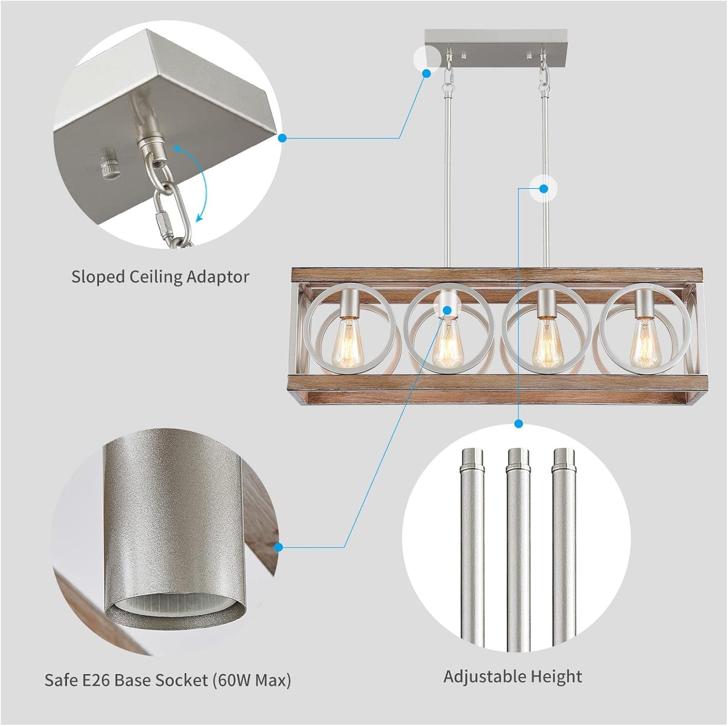 XINGQI Farmhouse Dining Room Chandeliers, Rectangle Vintage Hanging Lighting Fixtures, 4-Light Kitchen Island Lighting, Rustic Metal Chandelier Pendant Light, Antique Wood Grain XY082