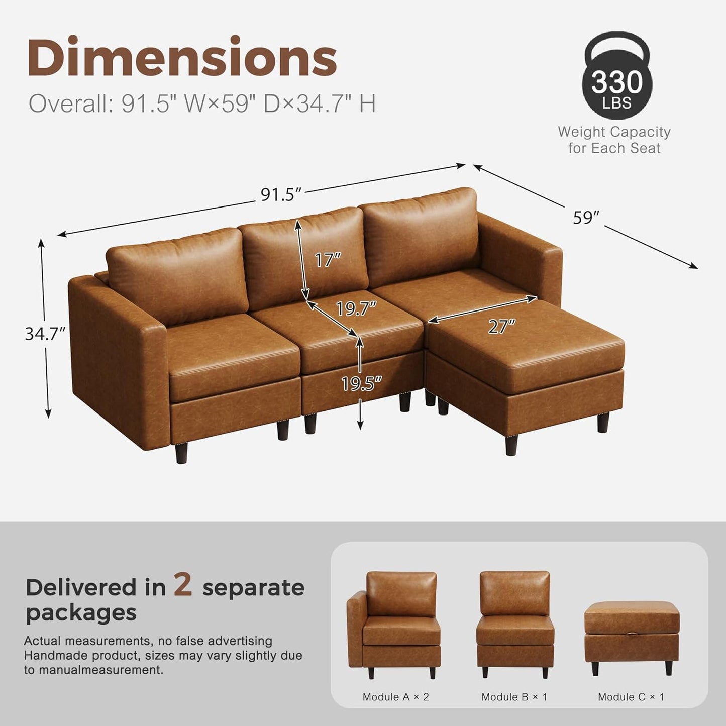91.5" Faux Leather Modular Sectional Sofa, L Shaped Couch Set for Living Room, 3-Seater Comfy Cloud Couches with Movable Storage Ottoman,DIY Combination - Brown