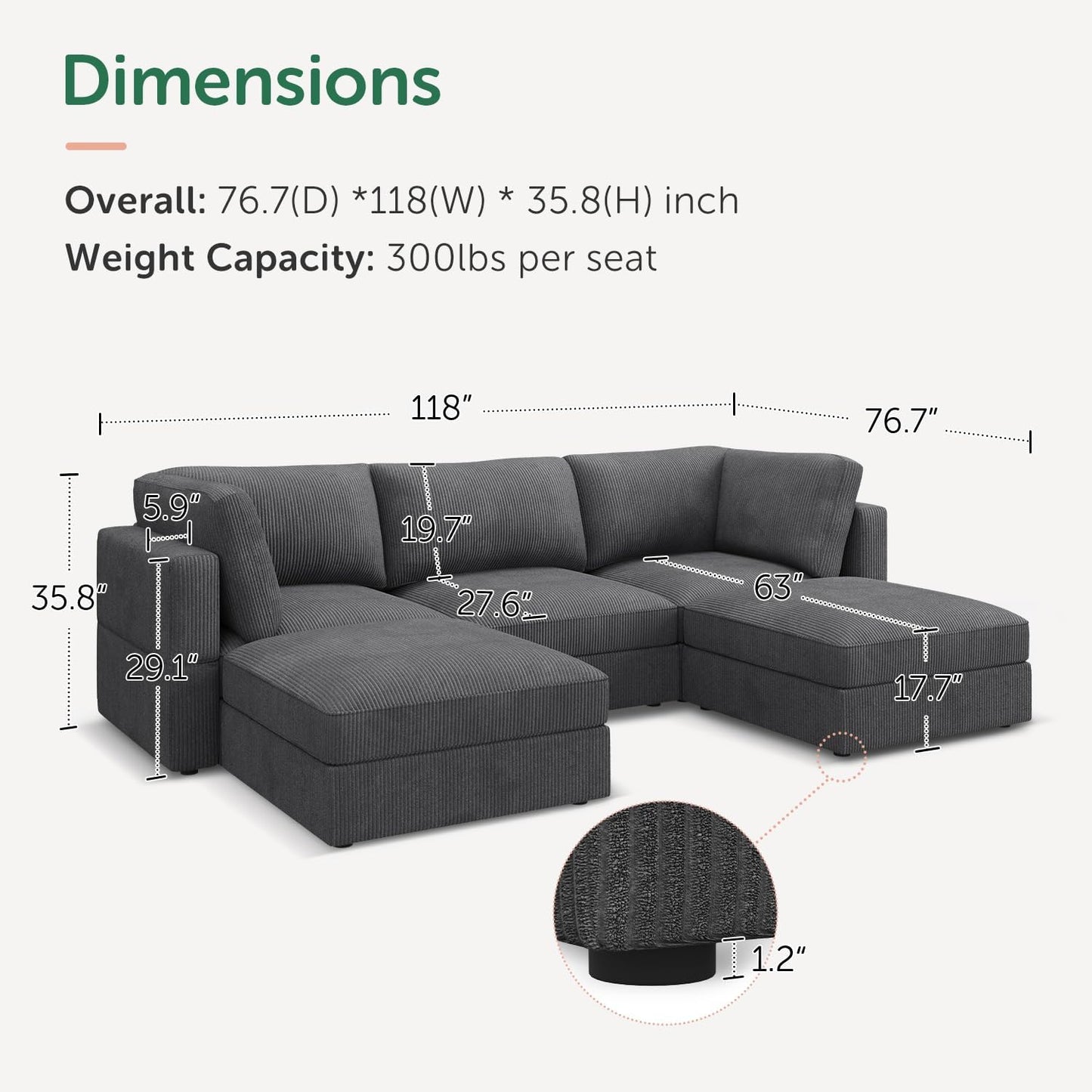 HONBAY Modular Sectional Sofa with Storage Corduroy U Shaped Sofa Modular Sectional Couches for Living Room,Dark Grey