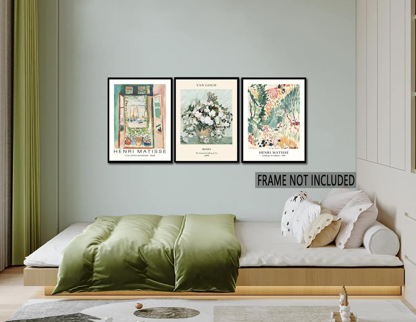 Sage Green Matisse Wall Art Posters Set of 3 Vintage Vin Gogh Flower Market Painting Decor Retro Open Window Canvas Prints Abstract Aesthetic Artwork Picture for Living Room Bedroom 12x16in Unframed