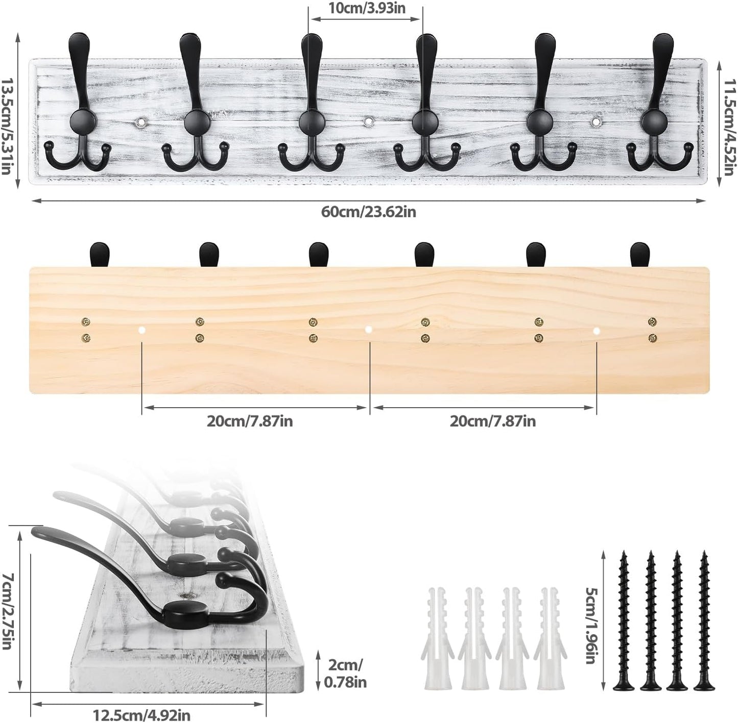 Coat Rack Wall Mount, Wooden Heavy Duty Coat Rack for Wall,6 Triple Coat Hanger Hooks for Hanging Coats,Jacket,Hat,Clothes (Grey White, 6 Hooks)