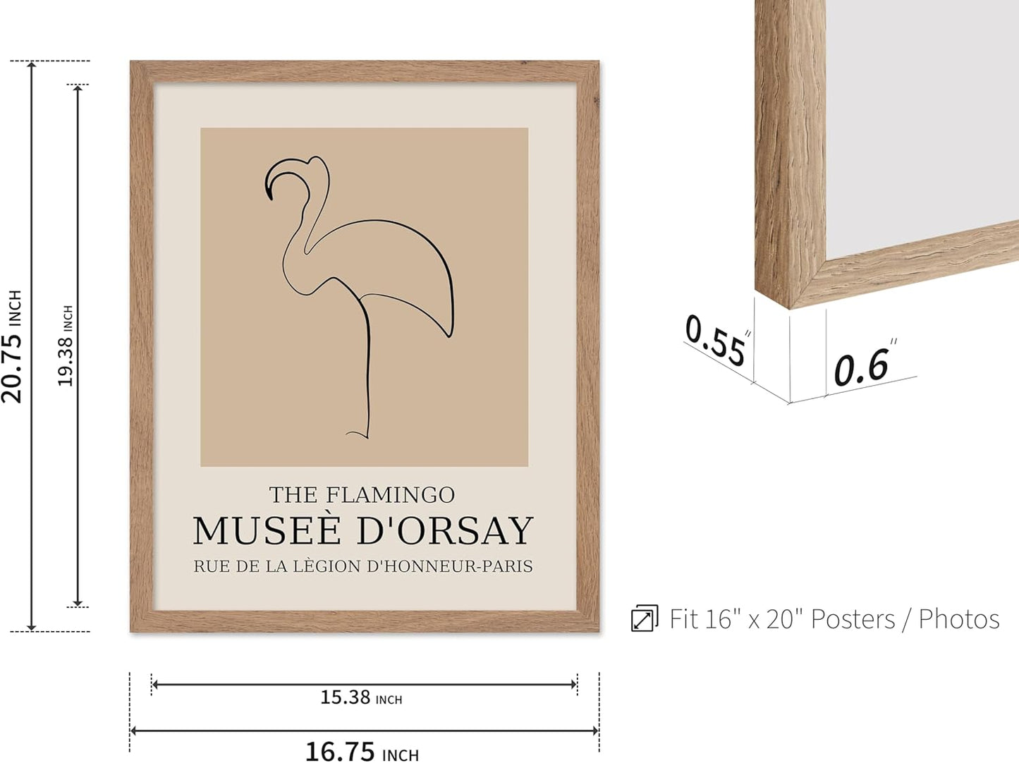 Poster Master Vintage Poster - Retro Minimalist Print - Gift for Artist, Housewarming - Flamingo, Line Drawing, Sketch, Abstract - Wall Decor for Living Room, Bedroom, 16x20 Beige Framed