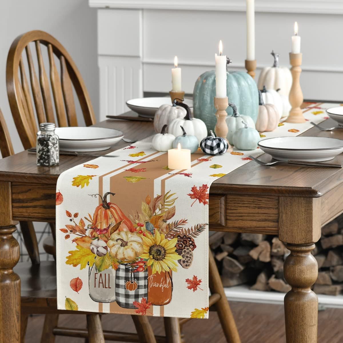Artoid Mode Thankful Fall Pumpkin Leaves Floral Vases Table Runner, Autumn Thanksgiving Kitchen Dining Table Decoration for Home Party Decor 13x72 Inch