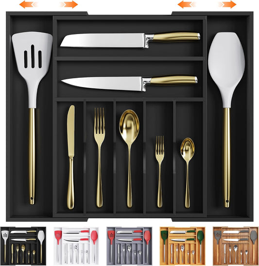 Bellsal Large Premium Bamboo Silverware Organizer - Expandable Utensil Drawer Organizer - 17"x19.6" Utensil Holder and Cutlery Tray with Grooved for Kitchen Flatware and Utensils(7-9 Slot, Black)
