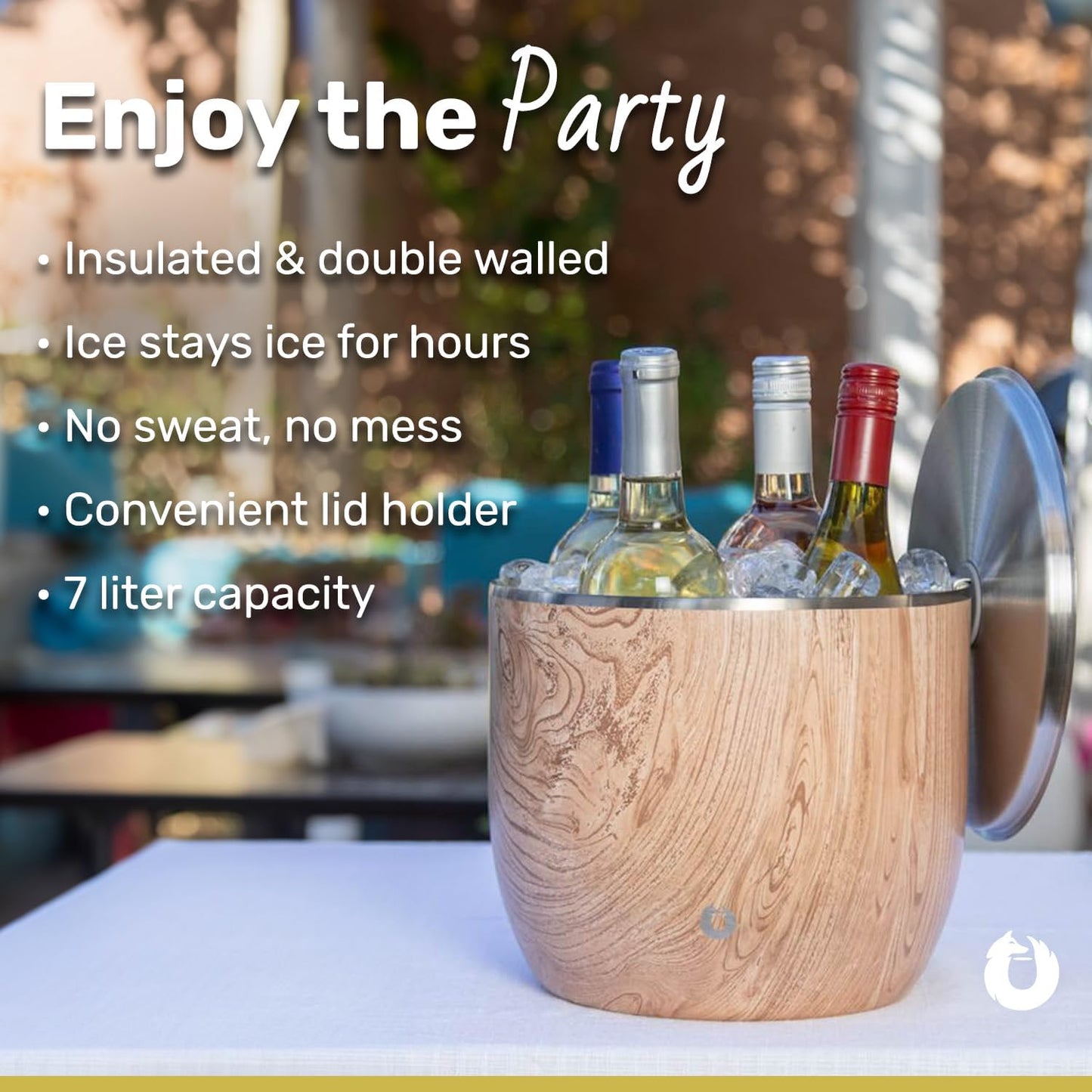 SNOWFOX XL Premium Vacuum Insulated Double Wall Stainless Steel Ice Bucket with Lid/Scoop, Bar Accessories, Large Elegant Party Bucket, Chill Several Bottles, Beautiful Entertaining, 7L, Dark Walnut