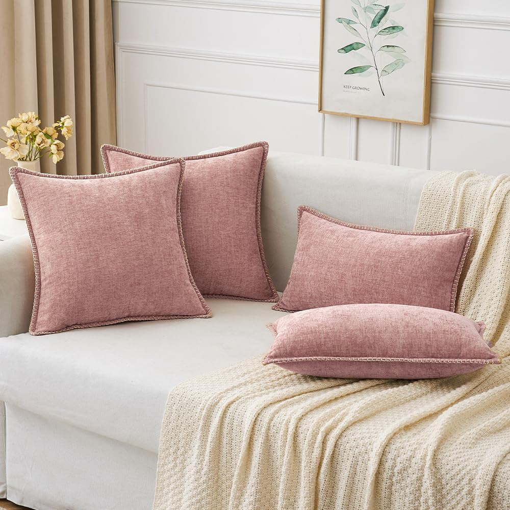 MIULEE Pack of 2 Couch Throw Pillow Covers 12x20 Inch Blush Pink Farmhouse Decorative Pillow Covers with Stitched Edge Soft Chenille Solid Dyed Spring Pillow Covers for Sofa Bed Living Room