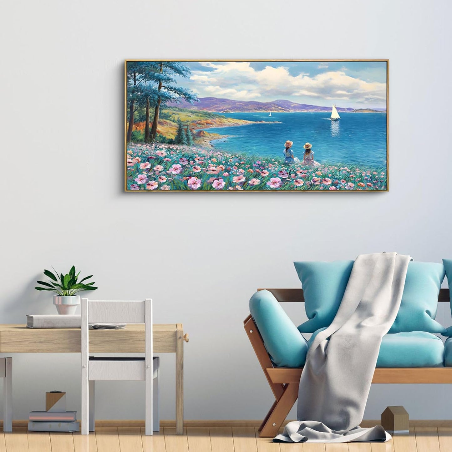 XLSJERST Landscape Wall Art - Blue Ocean Pink Flower Sailboat Mountain Tree Decor Orange Frame Artwork for Wall Large Picture for Living Room Bedroom Home Office Wall Decoration Size 20x40