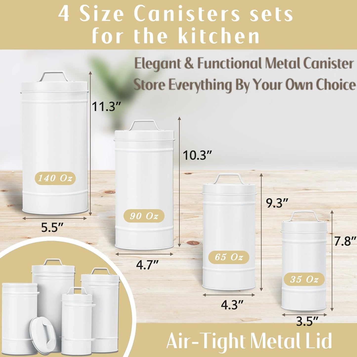 Farmhouse Canister Set for Kitchen Countertop, Airtight Nesting Kitchen Canisters Set of 4, Mental Flour Sugar Coffee Tea Storage Canister Jars, Vintage Country Design, White