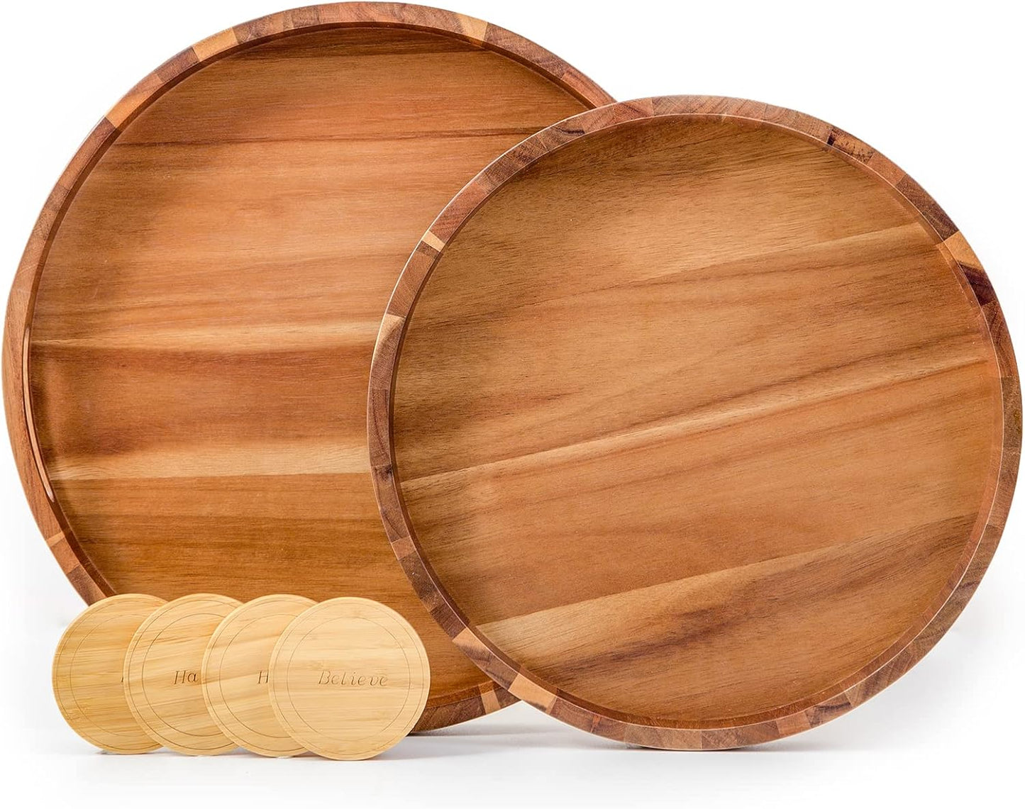 Round Wood Serving Trays Set of 2, Ottoman Tray Rustic Acacia Wooden Trays with Handles, Nesting Circle Tray with 4 Coasters for Coffee Table Living Room Bathroom Bedroom Party