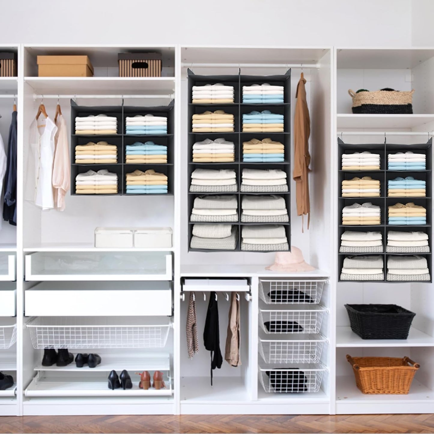 5 Tier Shelf Hanging Closet Organizer, Dual-Row 10 Pocket Cloth Hanging Shelf with 3 Sturdy Hooks for Storage, Foldable (Grey)