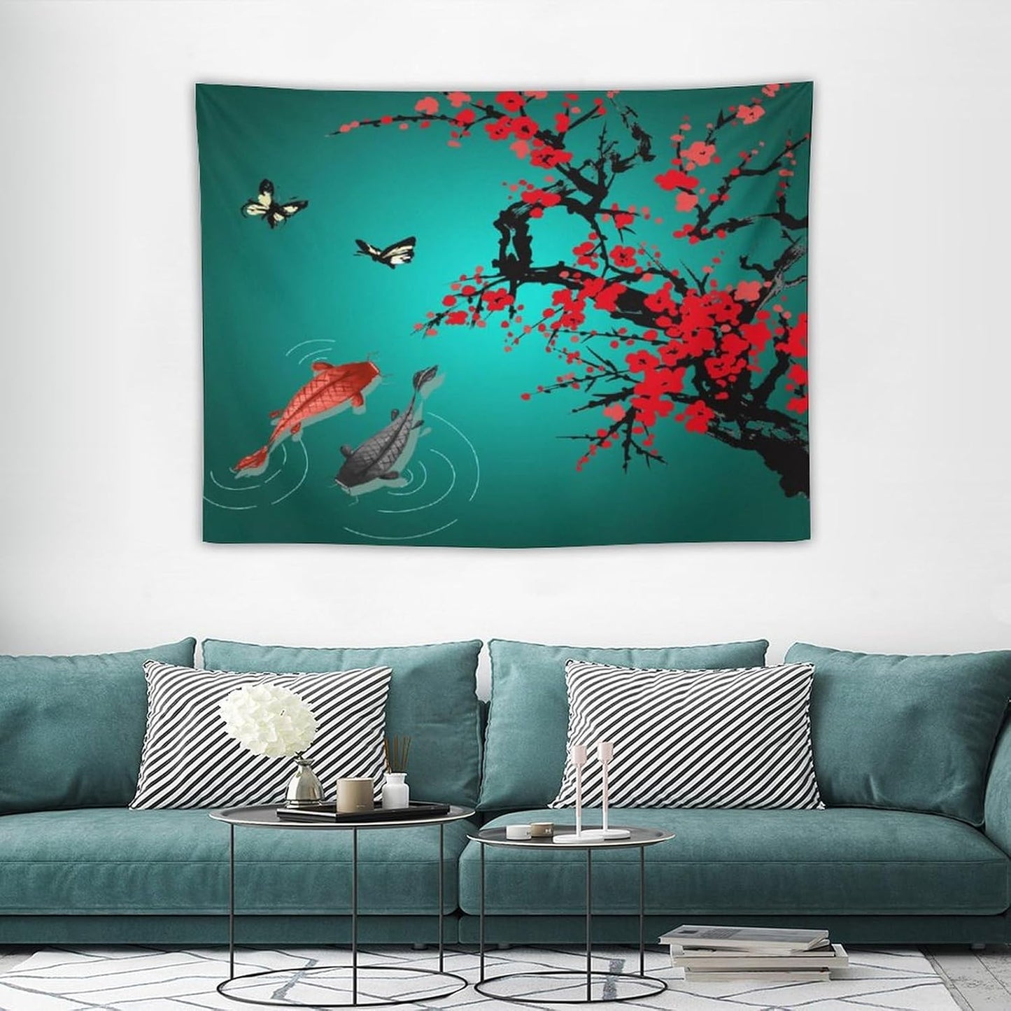 Japanese Koi Fish Tapestry, Cherry Blossoms Asian Oriental Green Teal Floral Branch Koi Fish Carp Tapestries Wall Hanging for Bedroom Living Room Office Decor 40"x30"