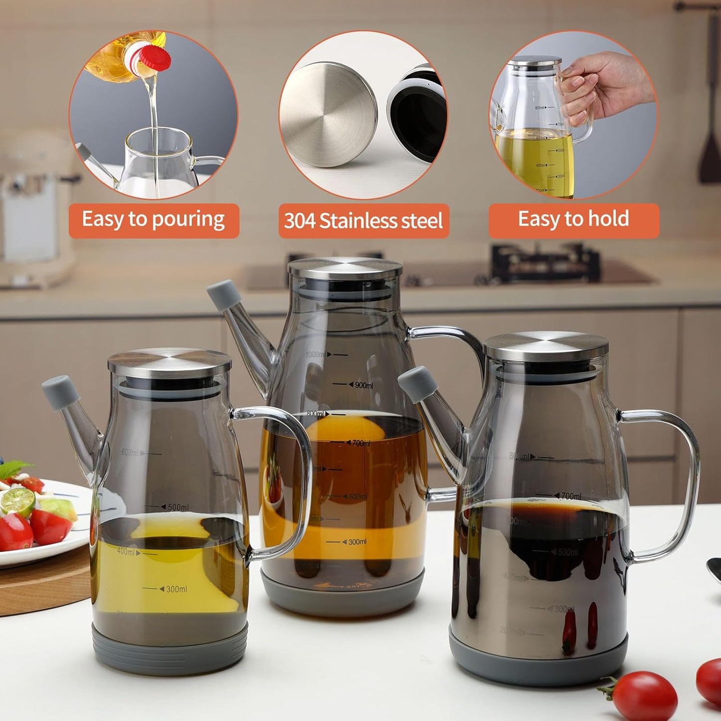 Large Glass Oil Dispenser Bottle for Kitchen Cooking Recipiente Para Aceite De Cocina Olive Oil Vinegar Dispenser Cruet Stainless Steel Lid No Drip Liquid Container (Grey, 34oz /1000ml)