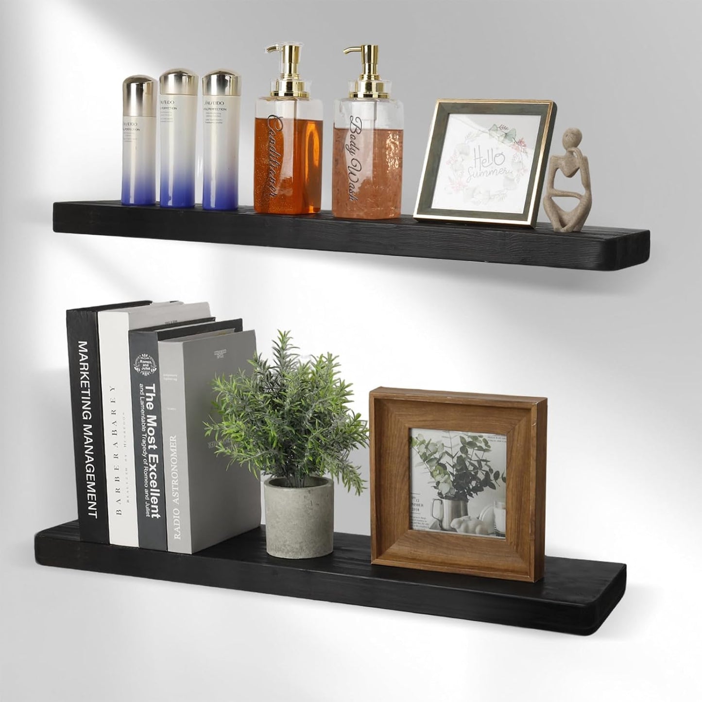 Solid Wood Floating Shelves Set of 2 - Natural, Warp & Crack Resistant 23.62 Inch Wall Shelf with Invisible Brackets Thicker, More Durable for Bathroom, Bedroom, Kitchen, Living Room (Black, 23.62)
