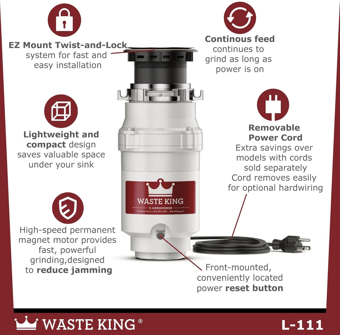 Waste King Garbage Disposal for Kitchen Sink with Power Cord, Compact Food Waste Disposer, L-111