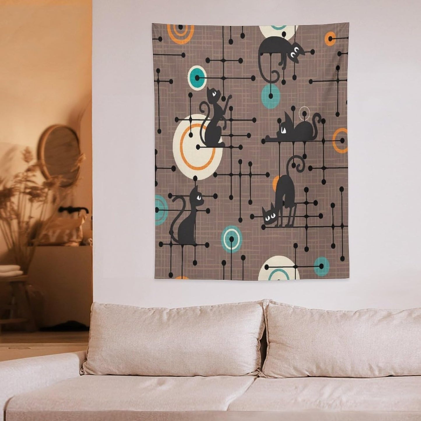 ICMOLYYENLO Boho Medieval Cat Tapestry, Abstract Atomic Starburst Geometric Aesthetic Art Wall Hanging For Bedroom Living Room Dormitory 30x40 Inches