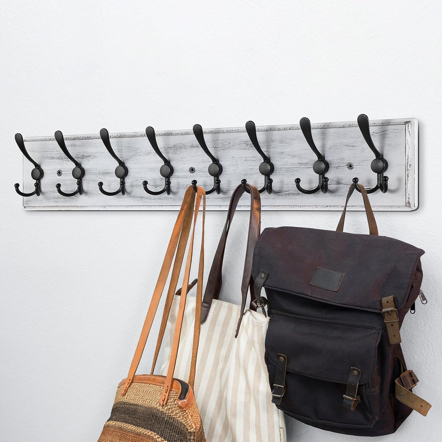 Coat Rack Wall Mount, Wooden Heavy Duty Coat Rack for Wall,8 Triple Coat Hanger Hooks for Hanging Coats,Jacket,Hat,Clothes (Grey White, 8 Hooks)