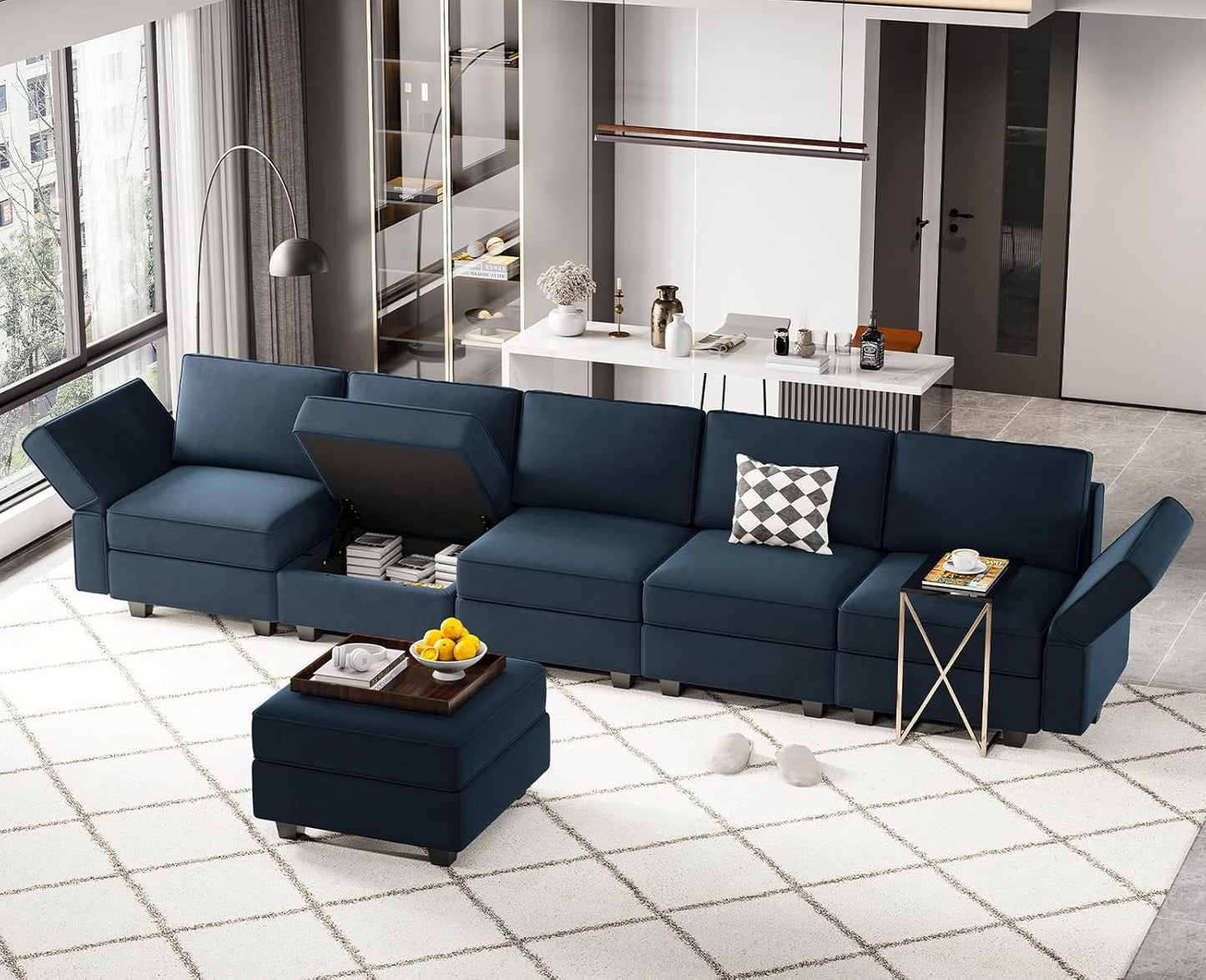 Belffin Modular Velvet Sectional Sofa with Chaise Lounge Sectional Sleeper Sofa with Storage Chaise Bed Couch for Living Room Blue