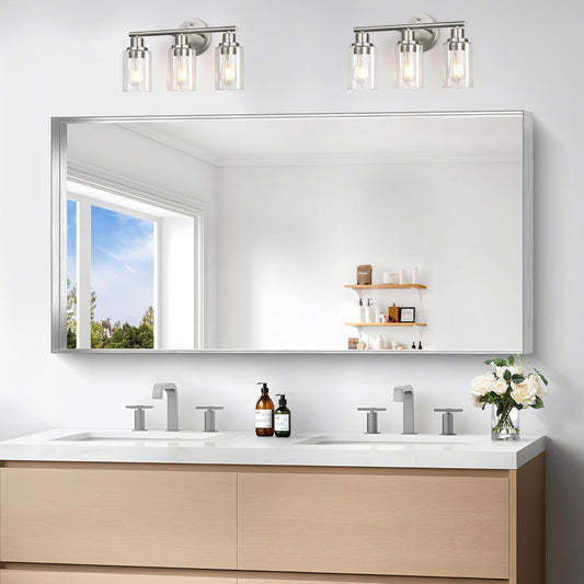 Silver Bathroom Mirror, 24x48 Inch Rectangular Framed Mirror, Large Wall Mounted Bathroom Vanity Mirror Over Sink for Bedroom,Restroom, Living Room, Hangs Vertically or Horizontally