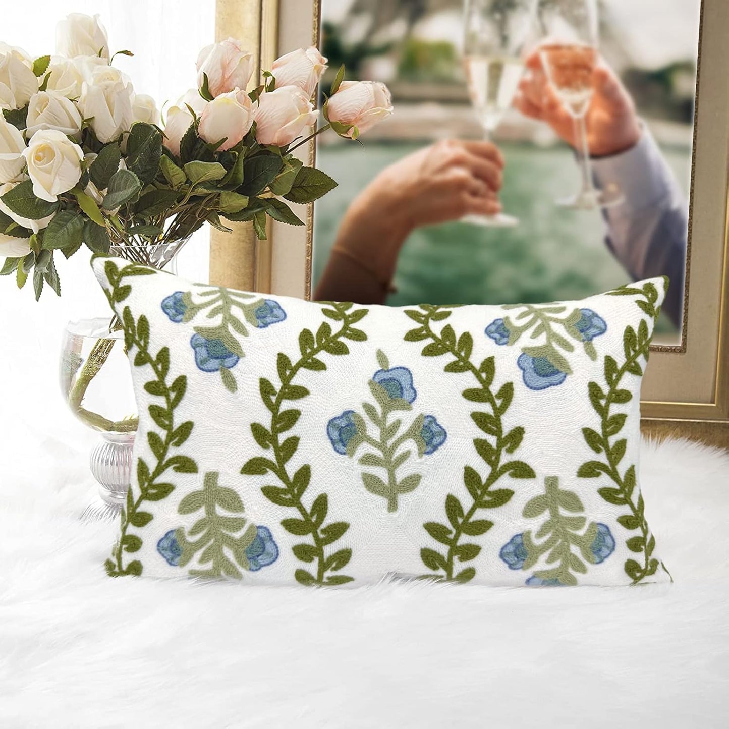 Alysheer Summer Floral Embroidered Decorative Throw Pillow Cover 12"x 20", Farmhouse Blue Flowers Green Leaves Patterned Cotton Canvas Lumbar Cushion Case for Sofa Couch Living Room Cottage Decor