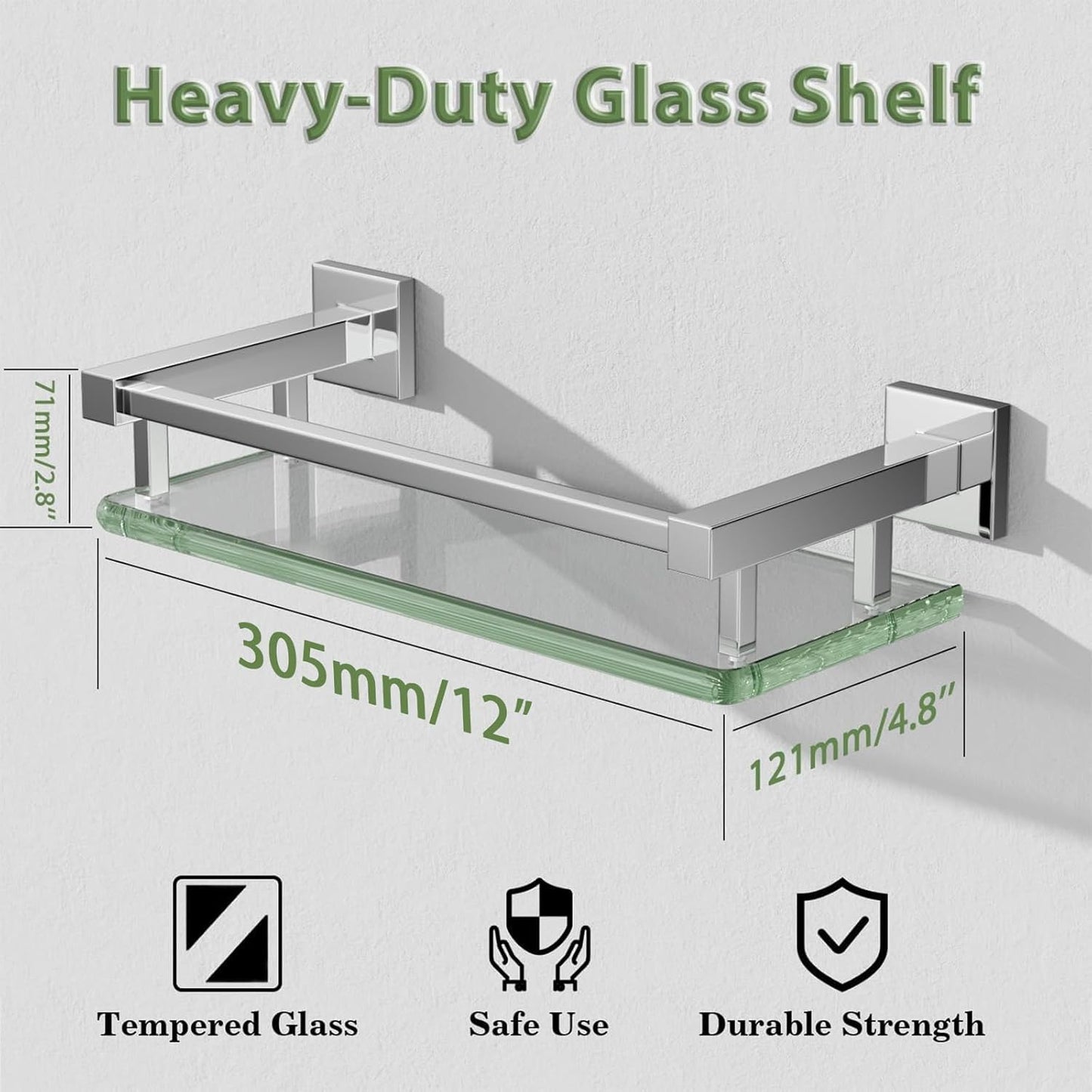 Alise Glass Shelves for Bathroom Wall, Tempered Glass Bathroom Shelf Wall Mounted, Modern Space Saving Floating Shelves 12 inch, Polished Chrome