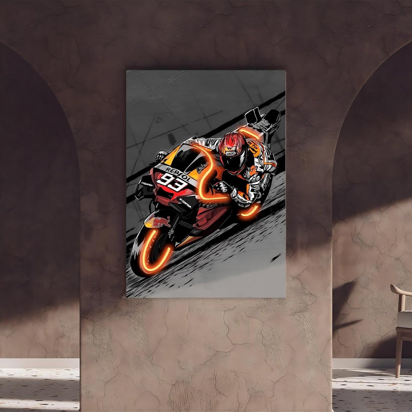 Sorventina Painted Neon Style Orange #93 RC213V Racing Bikes Wall Art - 16x24 Wrapped Canvas, Non-LED, Ideal Decor for Bedroom, Living Room, Office, Game Room, Garage, or Man Cave