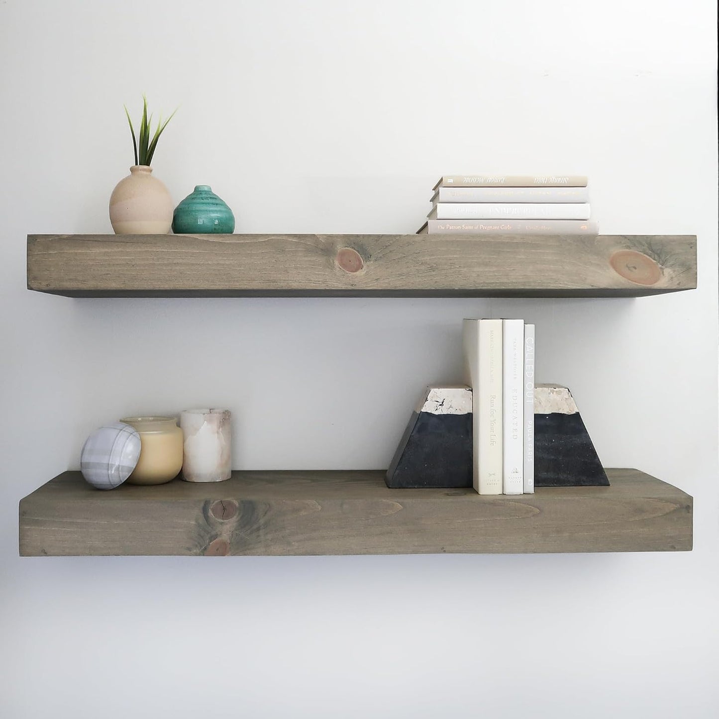 Modern Floating Shelves 3 Inches Thick for Wall, Wide Shelves for Kitchen, Living Room, Bedroom, and Bathroom, Natural Pine Wood, Rustic Wooden Shelf, (Set of 2) (Aged Barrel, 24Lx3Hx8D)