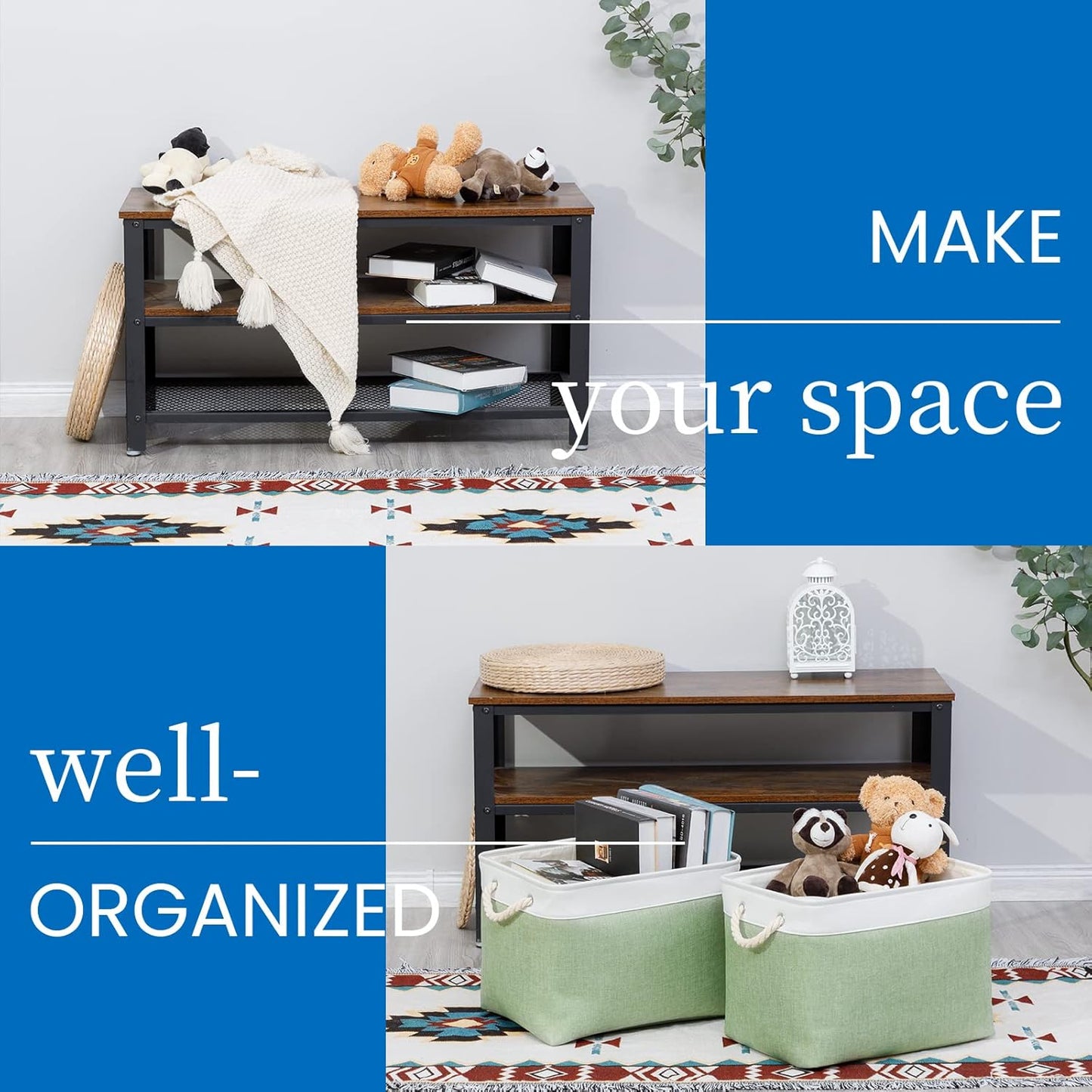 Bidtakay Baskets Fabric Closet Organizer Set of 2 Green Collapsible Storage Bins with Handles 16x12x12 in Large Decorative Tall Baskets for Shelves Nursery Baby Toys Storage Living Room Decor