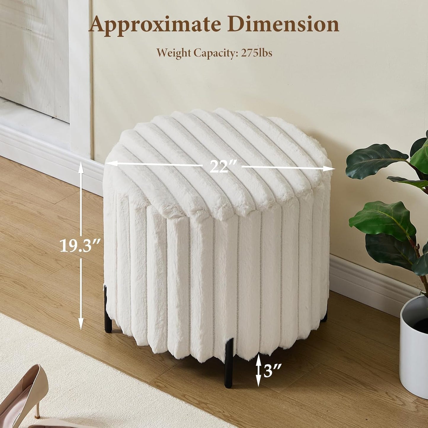 Furniliving Modern Round Ottoman, Large Size Bedroom Ottoman Footstool Round Ottomans Stool for Living Room, Bedroom, Makeup Room, Beige, Faux Fur