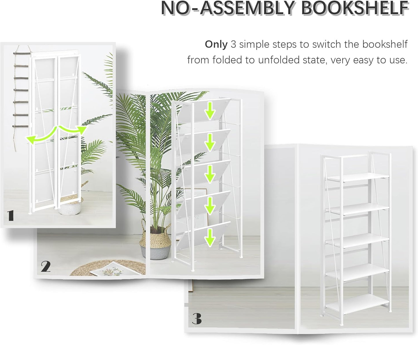 4NM No Assembly Foldable Bookshelf, 5-Shelf Collapsible Bookcase Storage for Small Spaces, 62.2" H, All White