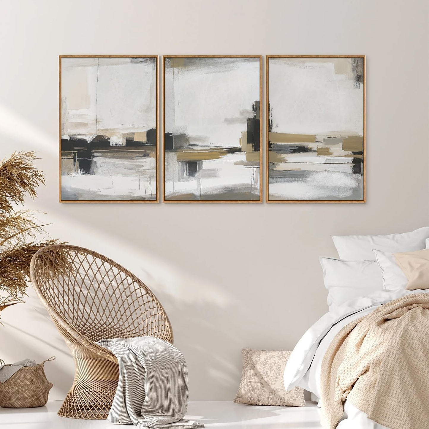 SIGNINART Beige Abstract Framed Canvas Wall Art Set, Black and White Textured Art Prints, Paint Strokes Minimalist Shapes Wall Decor, Neutral Modern Art Paintings for Living Room, Bedroom, Office 16"x24"x3