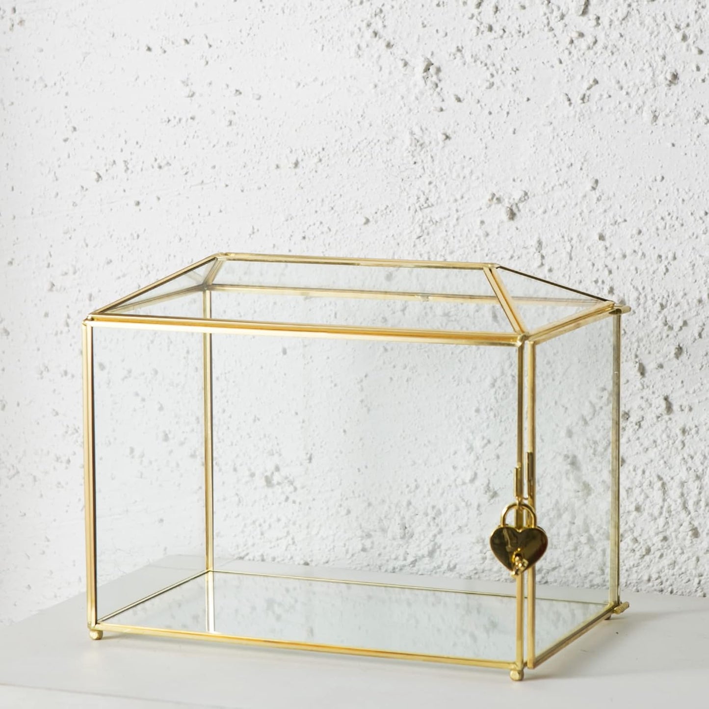 Glass Wedding Card Box with Slot, Large Clear Card Box 10.2 inch Gold Brass Gift Card Storage Box with Lock for Wedding Receptions, Baby Shower, Birthday Party, Bridal Shower