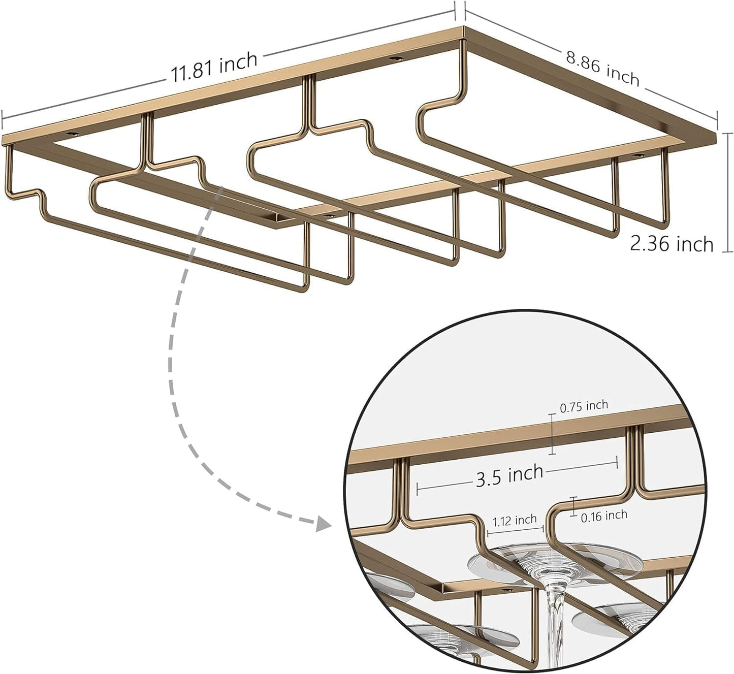 Wine Glass Rack - Under Cabinet Stemware Wine Glass Holder Glasses Storage Hanger 2 Pack Metal Organizer for Bar Kitchen Gold
