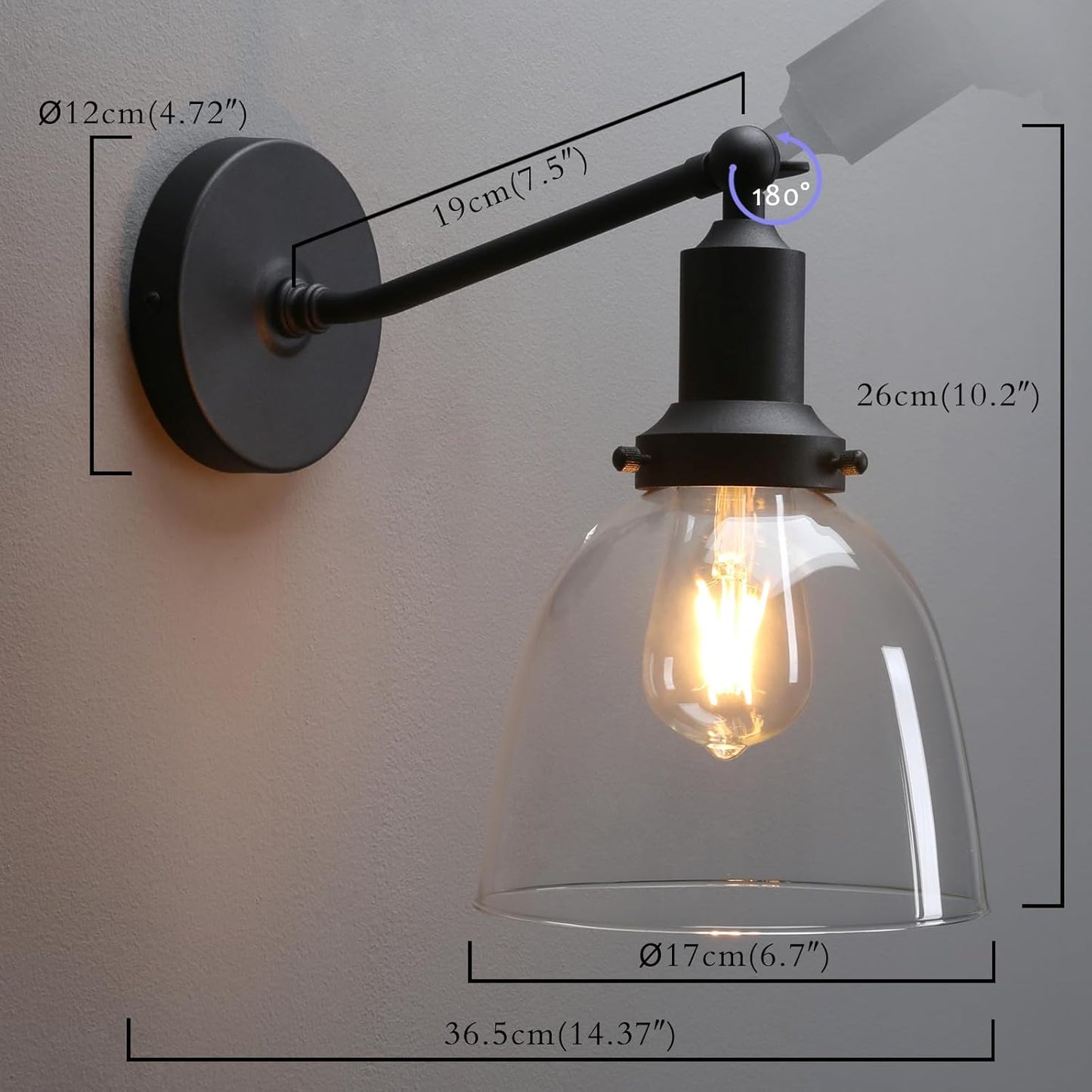 PERMO Industrial Vintage Sconces Slope Pole Single Sconce with 6.7" Oval Dome Clear Glass Shade Matte Black Wall Sconce Wall Mount Light Fixture for Bathroom Bedroom Entryway Home Office Kitchen