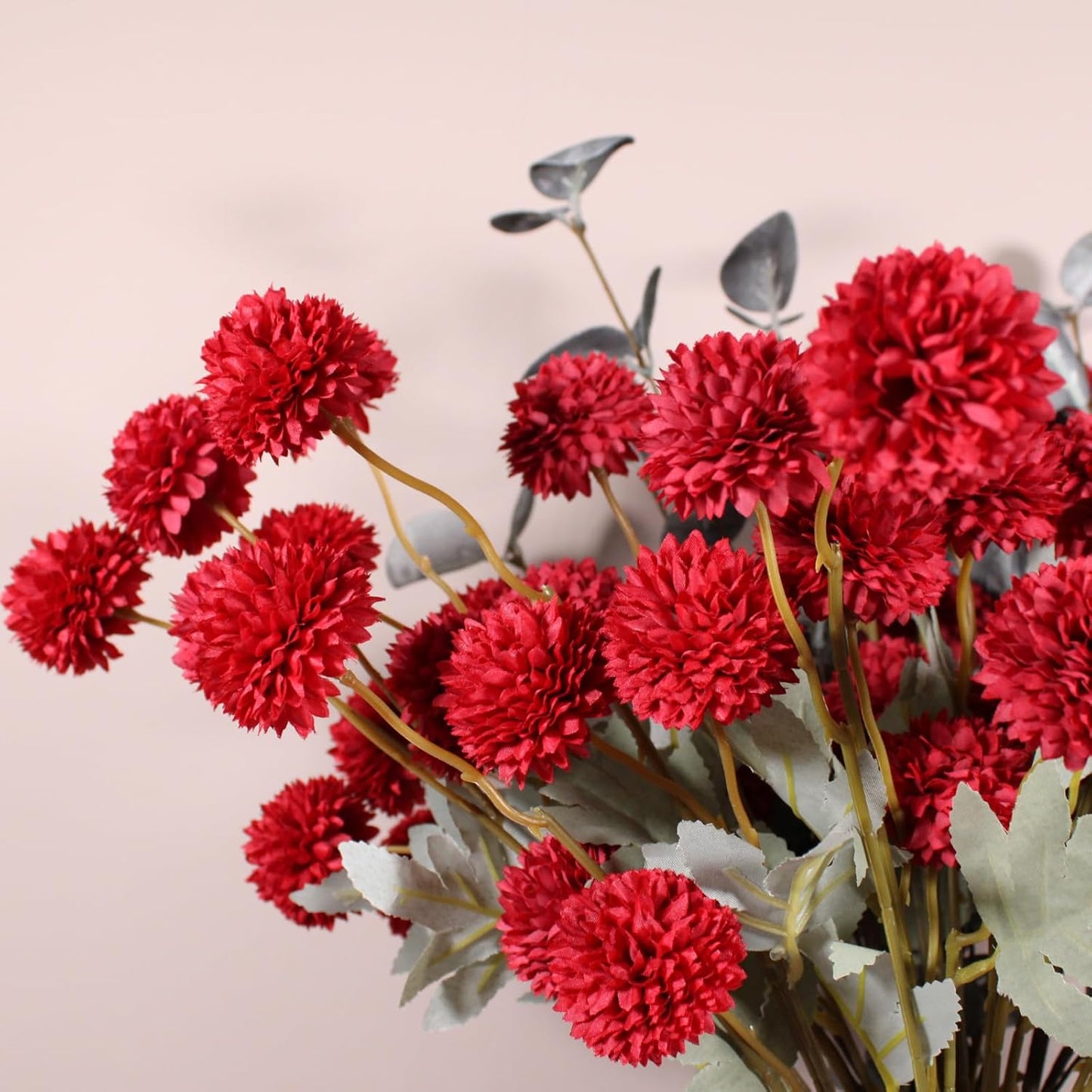 Burgundy Flowers, Maroon Artificial 10 Long Stems + Eucalyptus, Wine Colored Silk Flowers for Burgundy Decor, Fall Table Centerpieces, Dark Red Faux Mums, Thanksgiving Centerpieces For Tables
