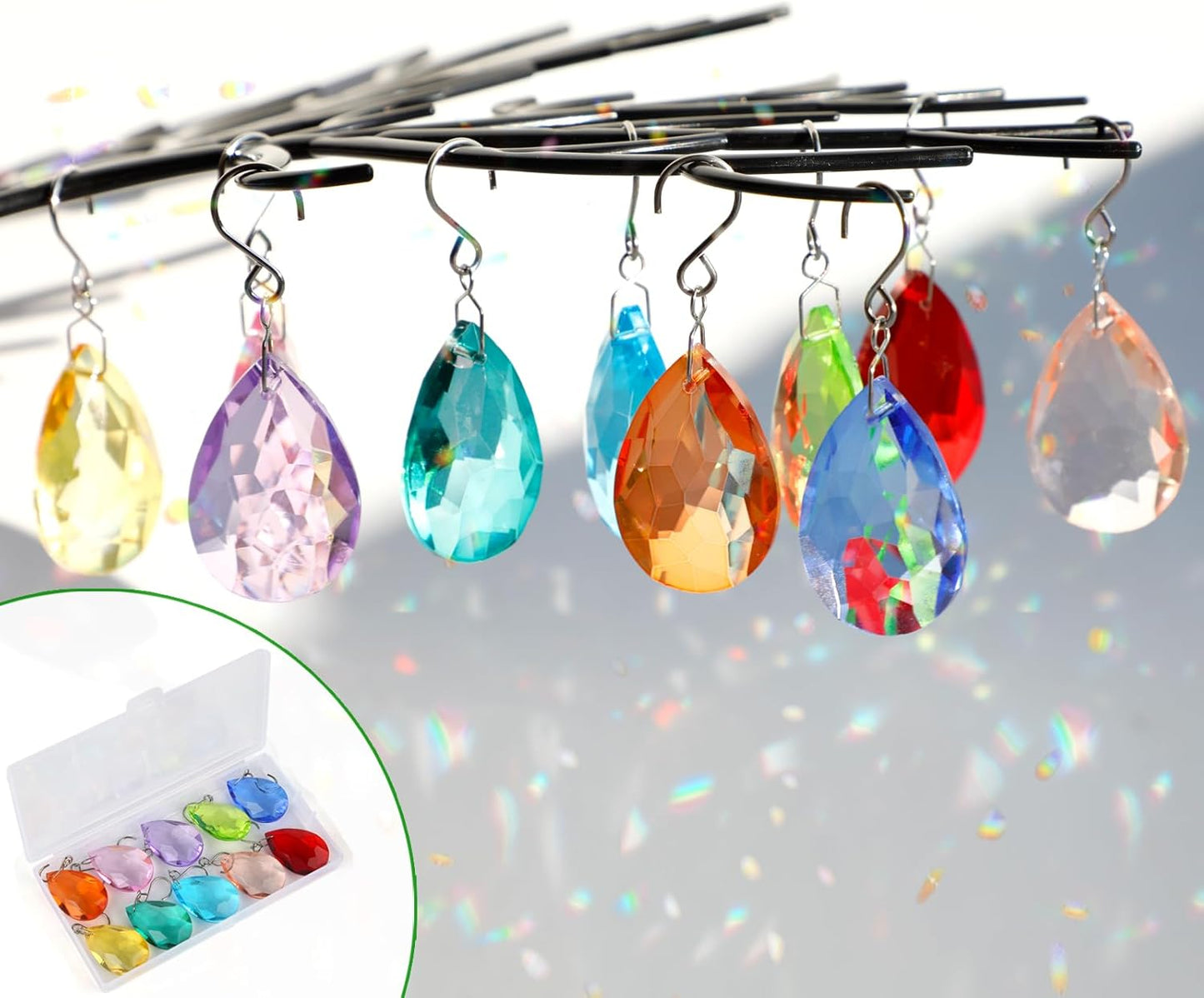 38mm Crystal Suncatcher Prism, 10pcs Multicolor Teardrop Crystals Chandeliers Replacement Pendants for Lamp Windows Hanging Rainbow Maker Ornaments Birthday Wedding Party Home Decor Gifts