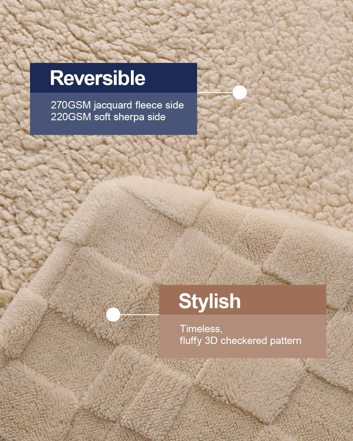 Pawque Super Soft Cozy Throw Blanket for Couch Sofa Bed - Fluffy Sherpa Fleece Reversible Thick Warm Fuzzy Blanket for All-Season, 3D Checkered Jacquard Elegant Decorative Blankets, Khaki, 50" x 60"