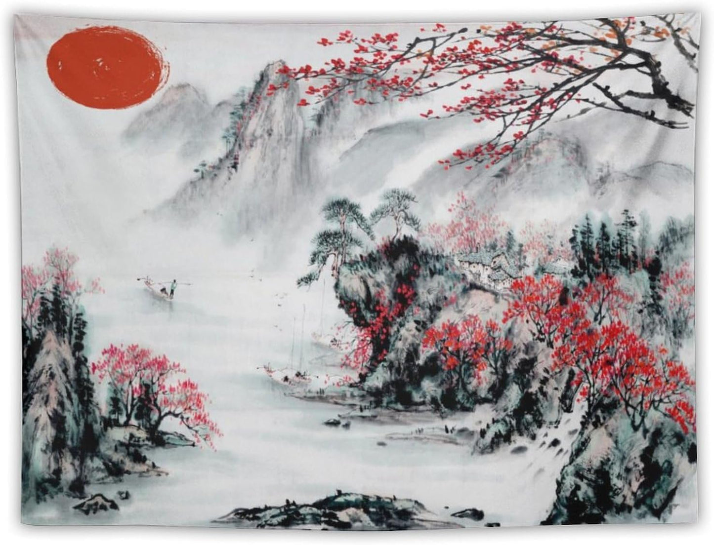 Cherry Blossoms Tapestry,Japanese Red Landscape Asian Watercolor Abstract Art Tapestry, Asian Japanese Wall Tapestry, Nature Landscape Tapestries for Bedroom Living Room Decor 60"x40"