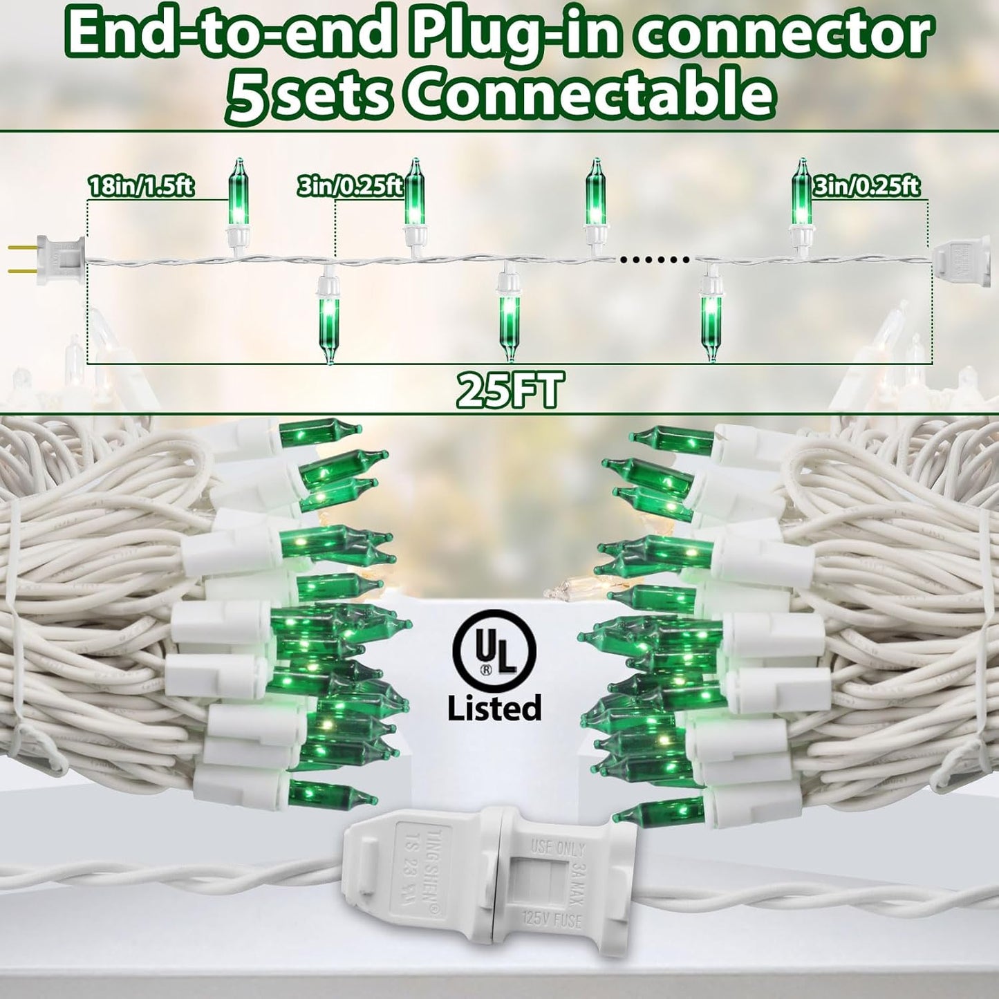 St. Patrick's Day Mini String Light Green Christmas Lights, 25FT 100 Incandescent Bulbs Green Lights with White Wire for Christmas Tree, Garland, Indoor & Outdoor St Patricks Day Decoration