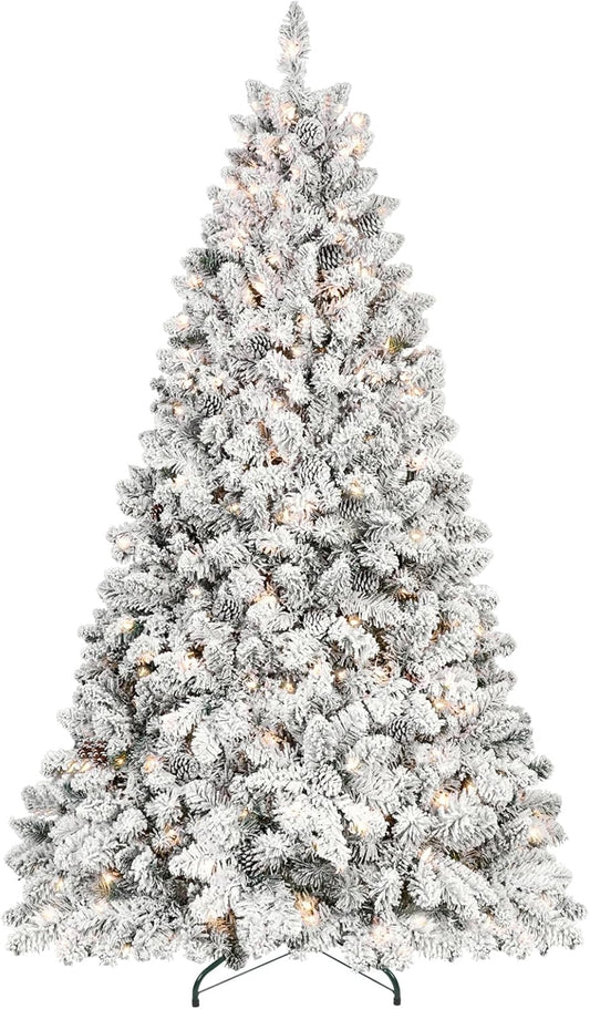 5ft Pre-lit Flocked Christmas Tree, Artificial Christmas Tree with Lights, Snow Frosted Christmas Trees Pre-lit with Pine Cones & 300 UL Lights, 600 Tips, Hinged Easy Setup Xmas Tree