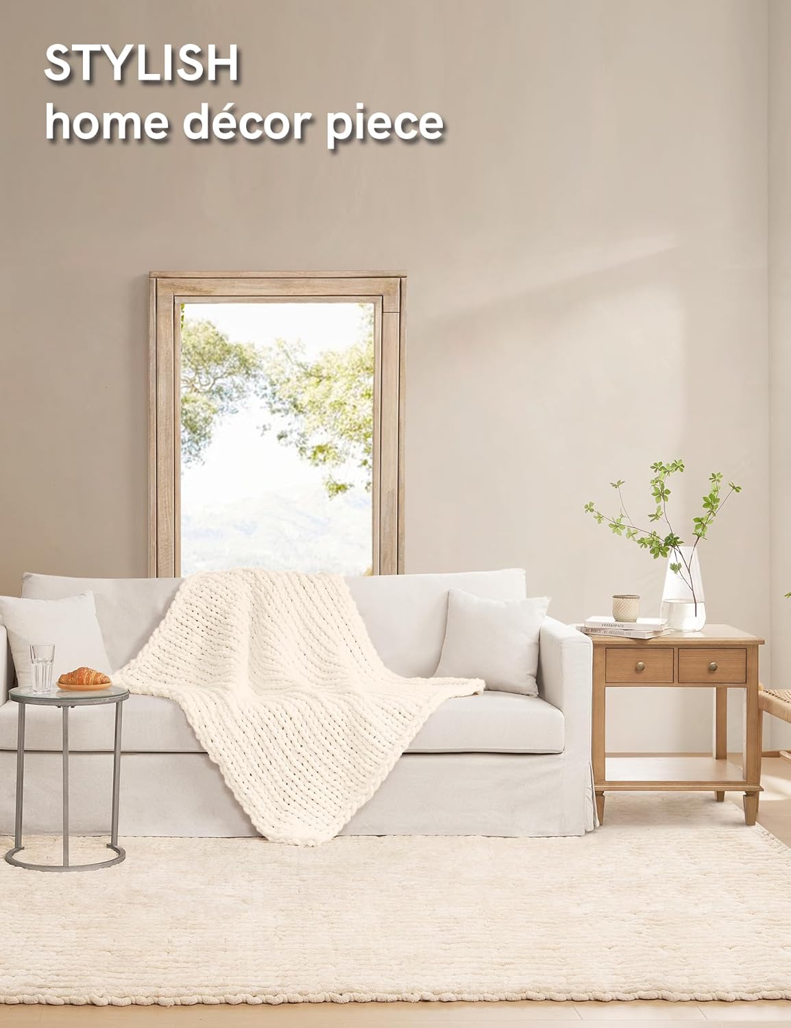 YnM Chunky Throw Blanket, Hand Knitted with Chenille Yarn, Skin Friendly, Ventilated and Breathable, Machine Washable, Home Décor Piece for Couch, Sofa and Bed (Butter Cream, 40x50 Inch)