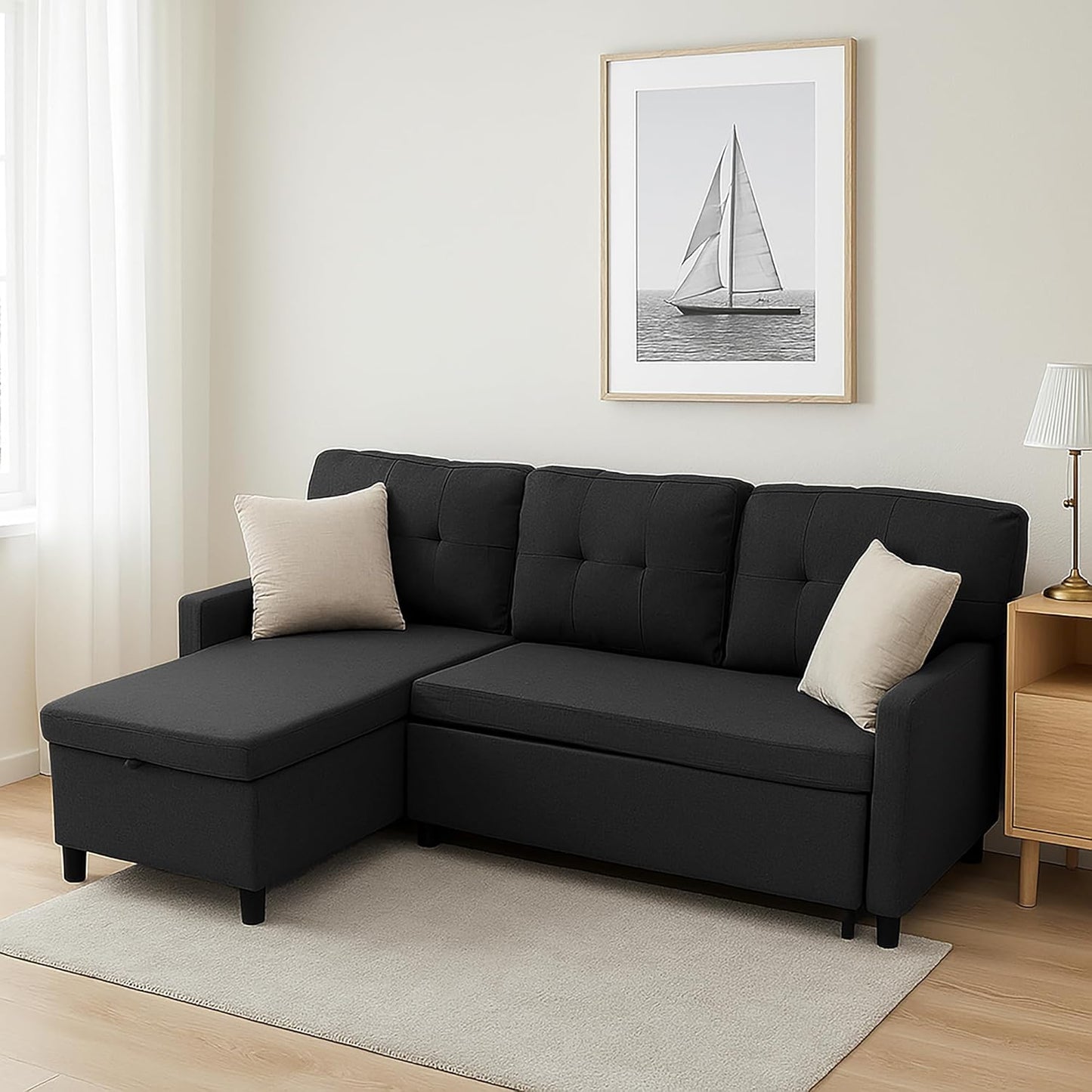 Pull Out Couch, Oversized Sleeper Sofa Couch, Sectional Sleeper Sofa Bed for Living Room Bedroom Lounge (Black, 73 Inch)