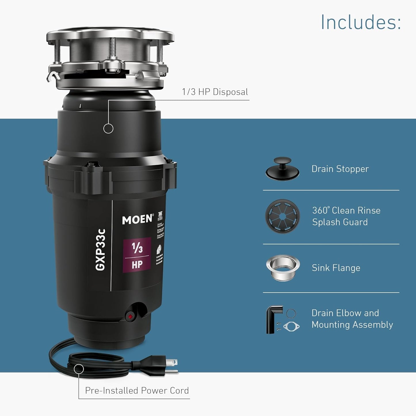 Moen Lite Series PRO Compact Continuous Feed Garbage Disposal for Kitchen Sink with Power Cord, GXP33C