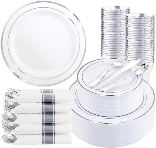 350Piece Silver Plastic Dinnerware Set for 50 Guests - Silver Plastic Plates with Cutlery Include:50Dinner Plates-50Dessert Plates-50Pre Rolled Napkins with Silverware