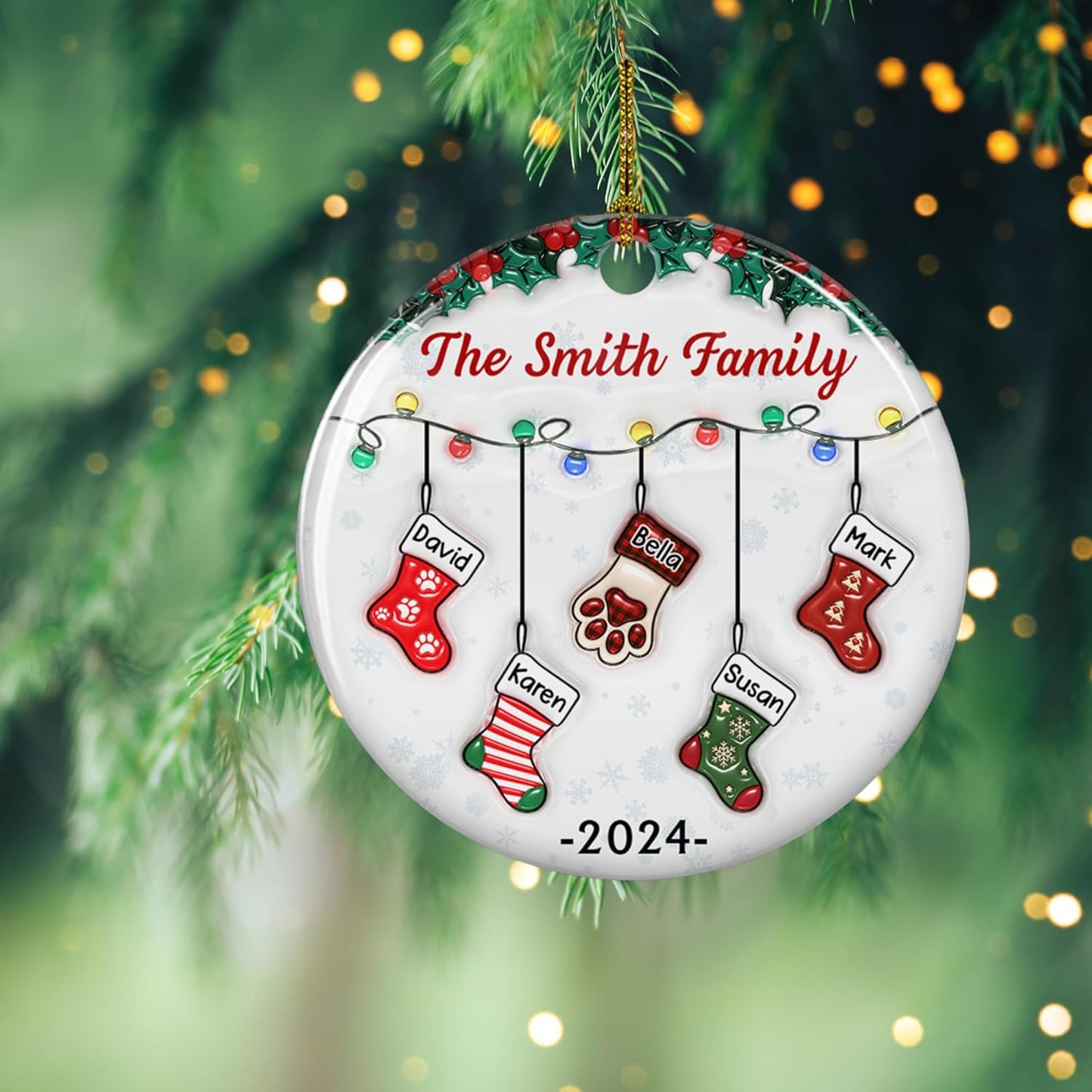 Stocking Personalized Family Christmas Ceramic Ornament 2025-3D Inflated Effect Custom Name Hanging Stock up to 10 Members, First Xmas as A Family Ornament Gifts (A04, 5 Names)